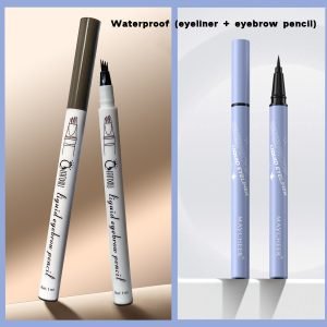 Waterproof black eyeliner + waterproof four-pronged eyebrow pencil, natural and long-lasting without losing makeup