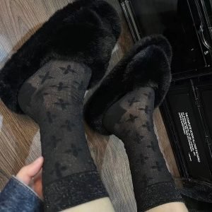 Spring and summer thin ice silk cotton socks Cross-pattern mid-calf socks Bright silk women's socks Breathable black stockings Pile socks