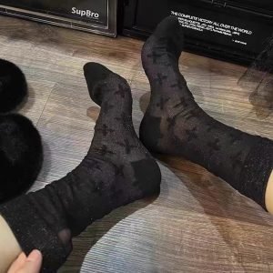 Spring and summer thin ice silk cotton socks Cross-pattern mid-calf socks Bright silk women's socks Breathable black stockings Pile socks