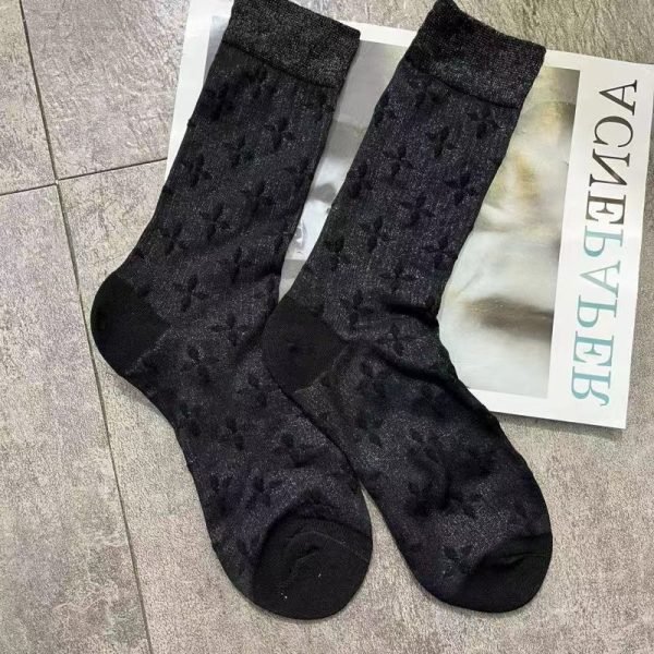 Spring and summer thin ice silk cotton socks Cross-pattern mid-calf socks Bright silk women's socks Breathable black stockings Pile socks